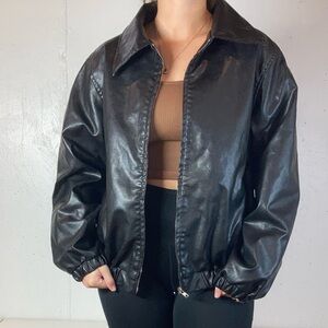 Classic Black Faux Leather Full Zip Collared Jacket